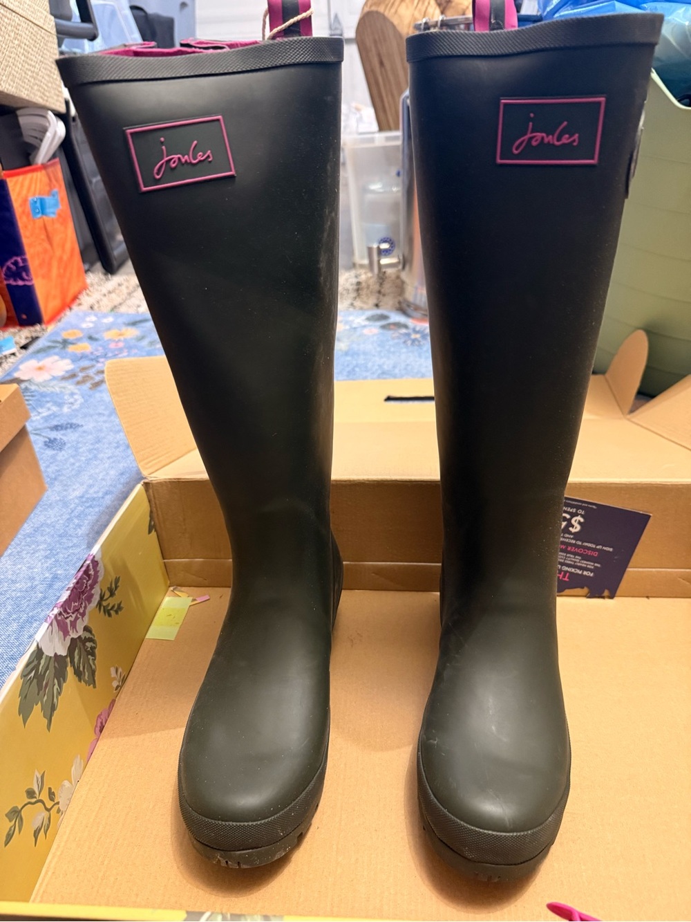 Joules dark green Tall Rain Boots with Pink Logo Trim